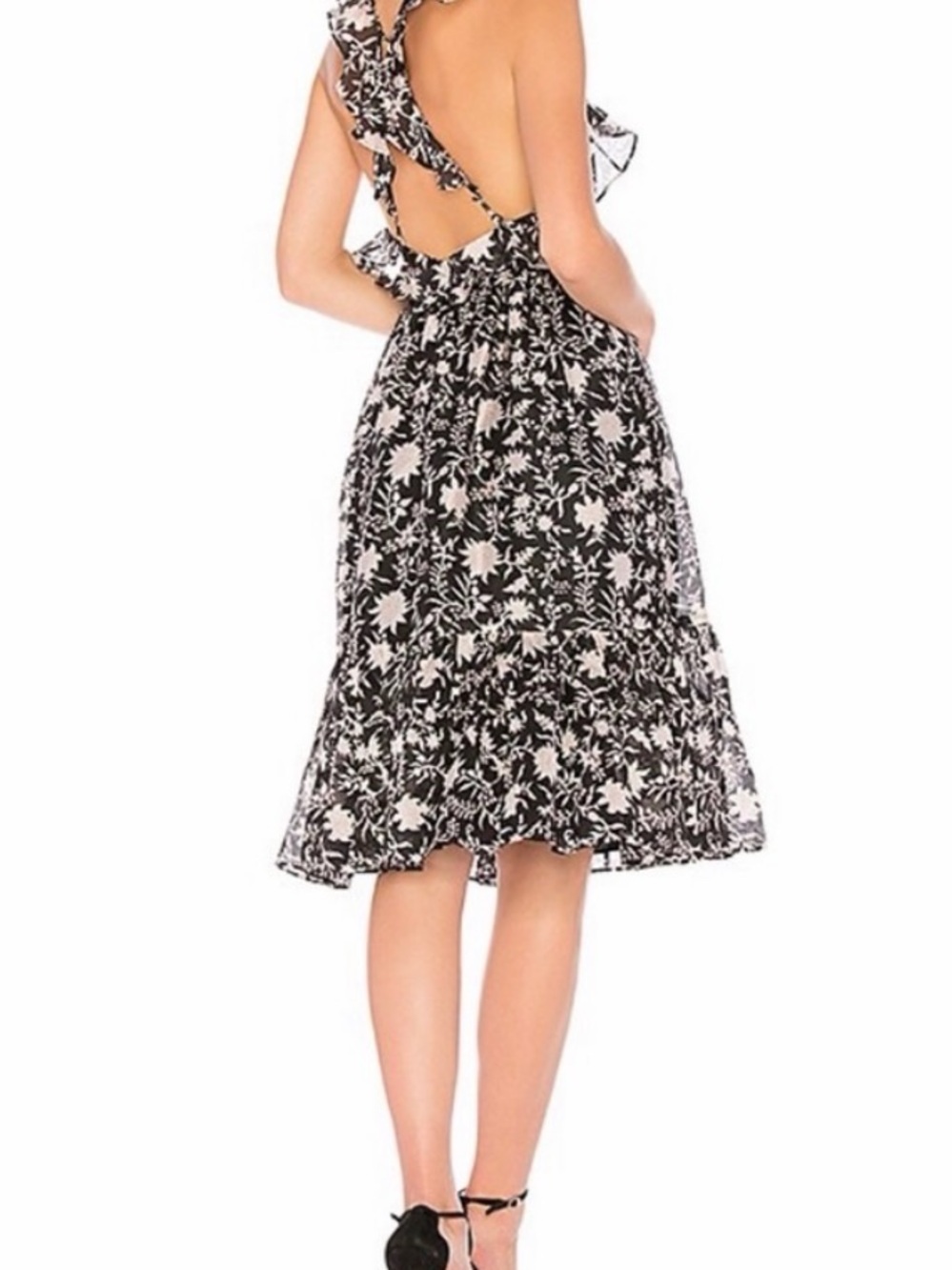 Ulla Johnson Black and White Floral Ruffle-Back Midi Dress